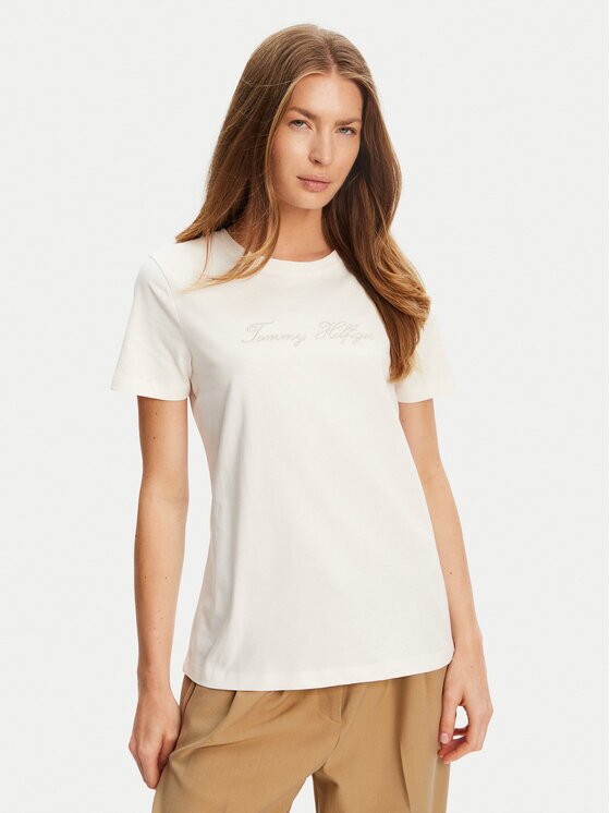 Tommy Hilfiger Tricou Script WW0WW47210 Écru Regular Fit
