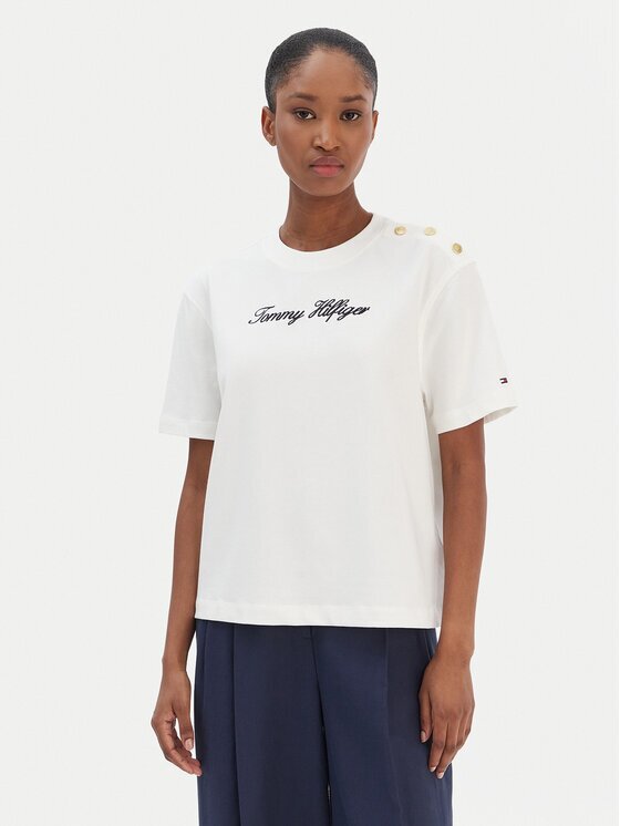 Tommy Hilfiger Tricou Script WW0WW47819 Écru Regular Fit
