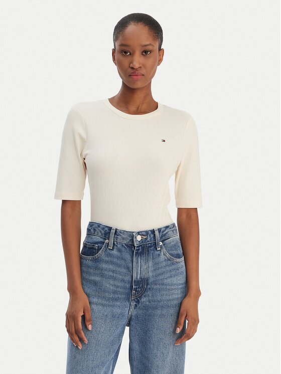 Tommy Hilfiger Tricou WW0WW47308 Écru Slim Fit