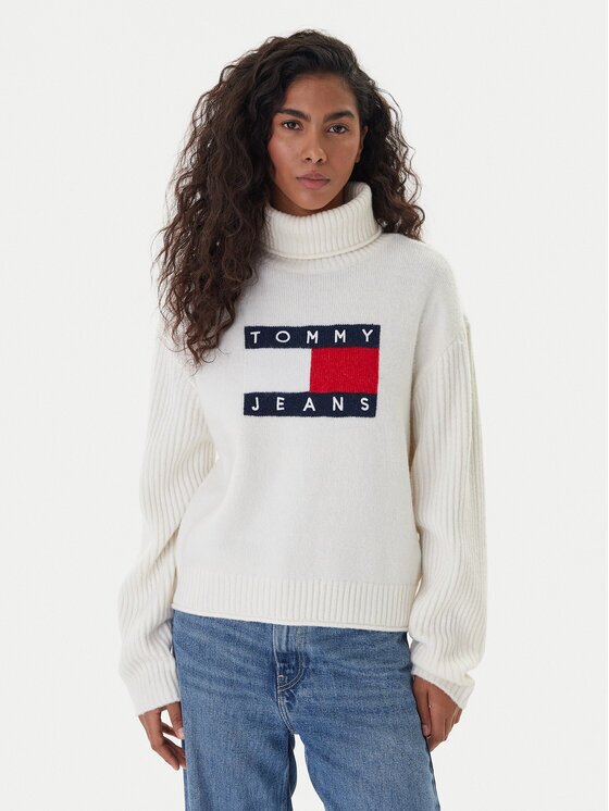 Tommy Jeans Bluză cu gât Flag DW0DW22108 Écru Relaxed Fit