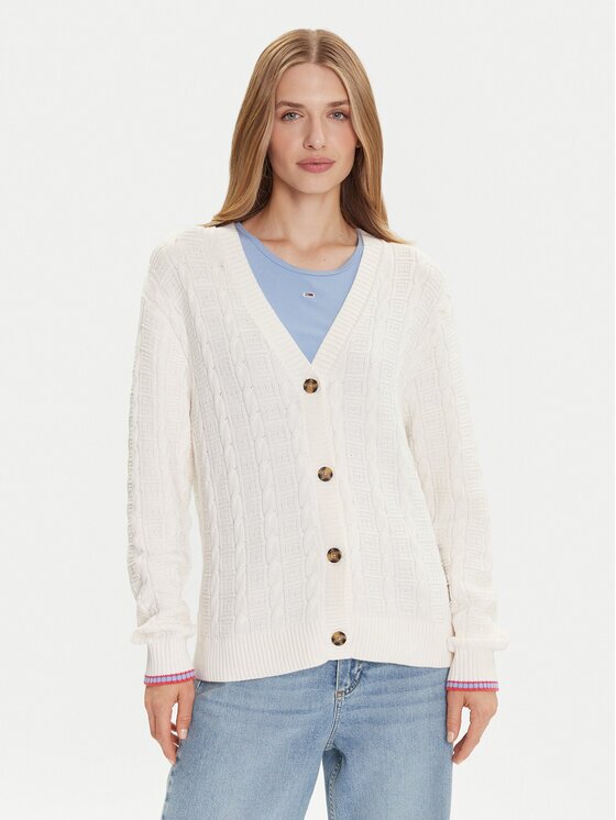 Tommy Jeans Cardigan Cable DW0DW21681 Écru Relaxed Fit