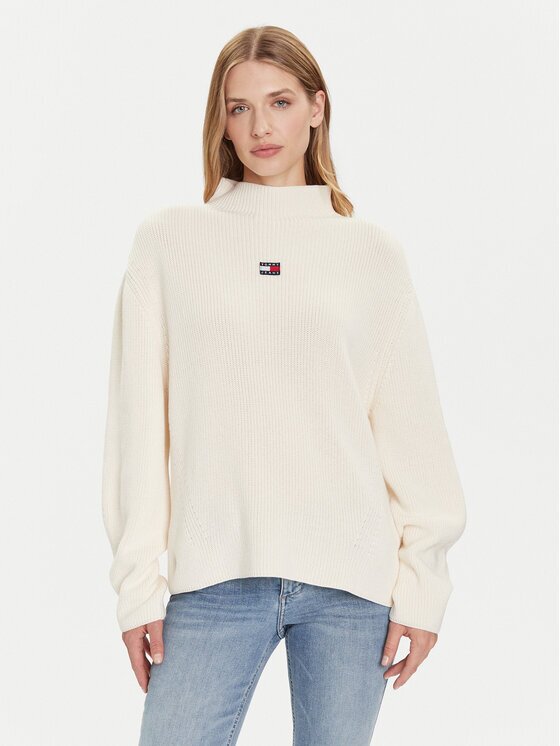 Tommy Jeans Pulover Badge DW0DW21676 Écru Relaxed Fit