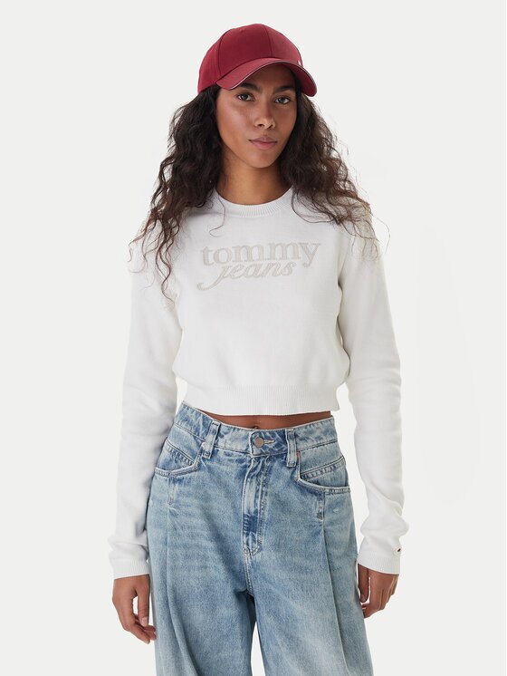 Tommy Jeans Pulover Chenille DW0DW22028 Écru Regular Fit