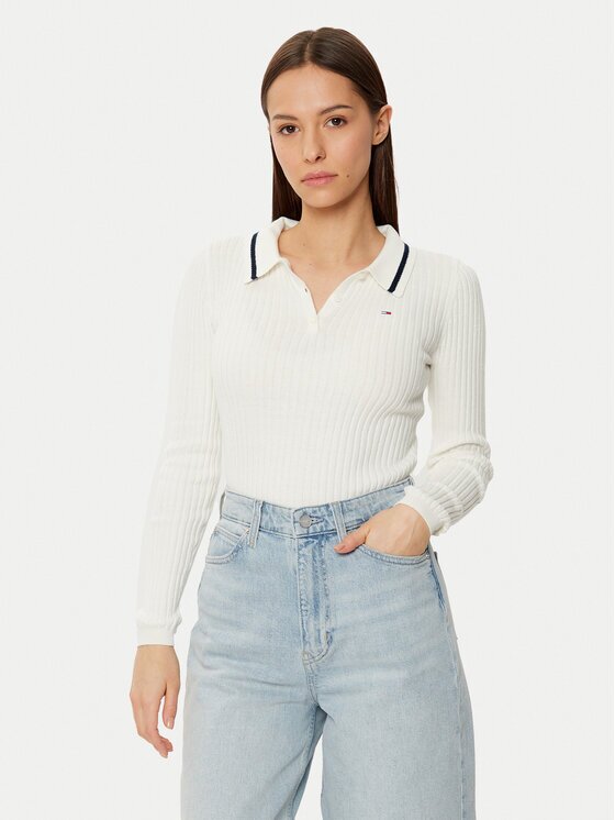 Tommy Jeans Pulover DW0DW19887 Écru Slim Fit