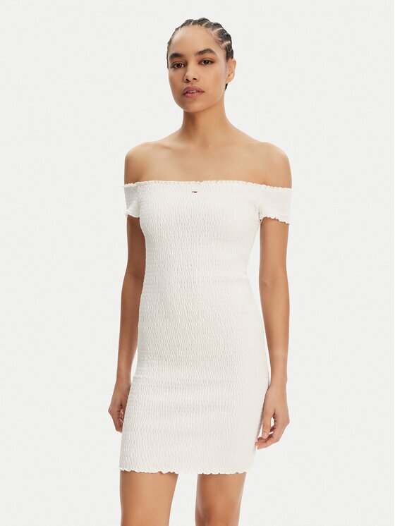 Tommy Jeans Rochie de vară DW0DW20298 Écru Slim Fit