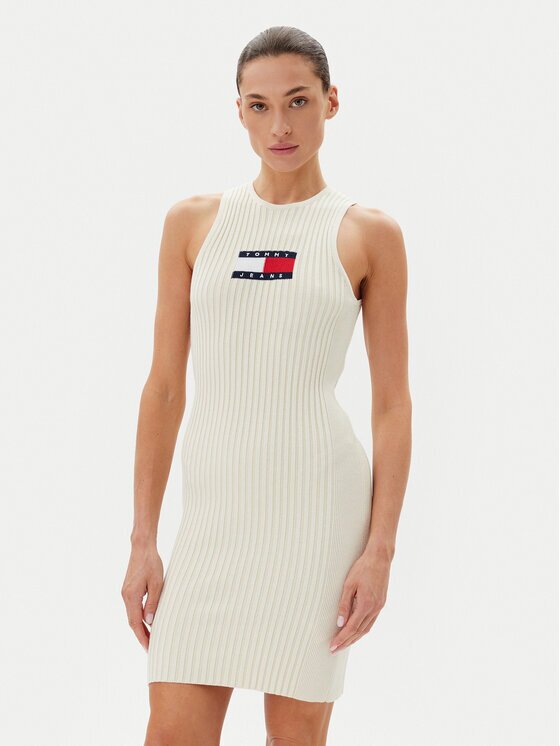 Tommy Jeans Rochie tricotată DW0DW20877 Écru Slim Fit