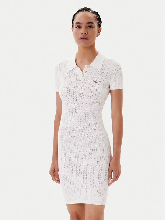 Tommy Jeans Rochie tricotată Pointelle DW0DW20874 Écru Slim Fit
