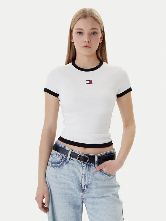 Tommy Jeans Tricou Badge DW0DW22575 Écru Slim Fit
