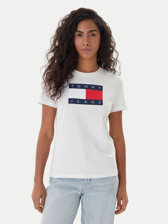 Tommy Jeans Tricou Flag DW0DW22562 Écru Regular Fit