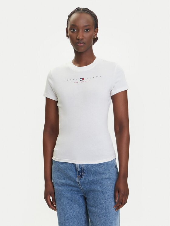 Tommy Jeans Tricou Linear DW0DW21422 Écru Slim Fit