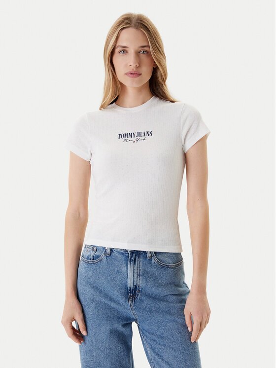 Tommy Jeans Tricou Logo Pointelle DW0DW20899 Écru Slim Fit