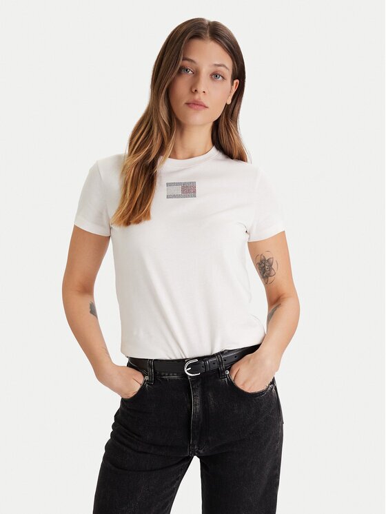 Tommy Jeans Tricou Party Flag DW0DW21965 Écru Regular Fit