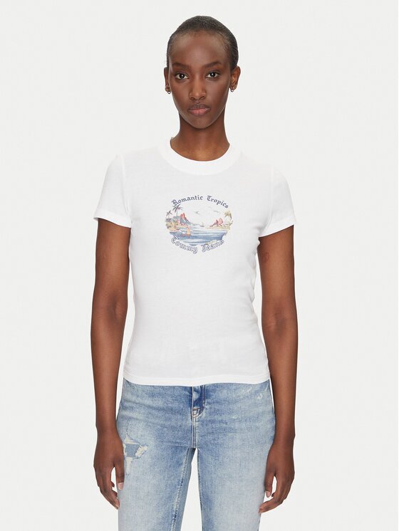 Tommy Jeans Tricou Romance DW0DW21342 Écru Slim Fit