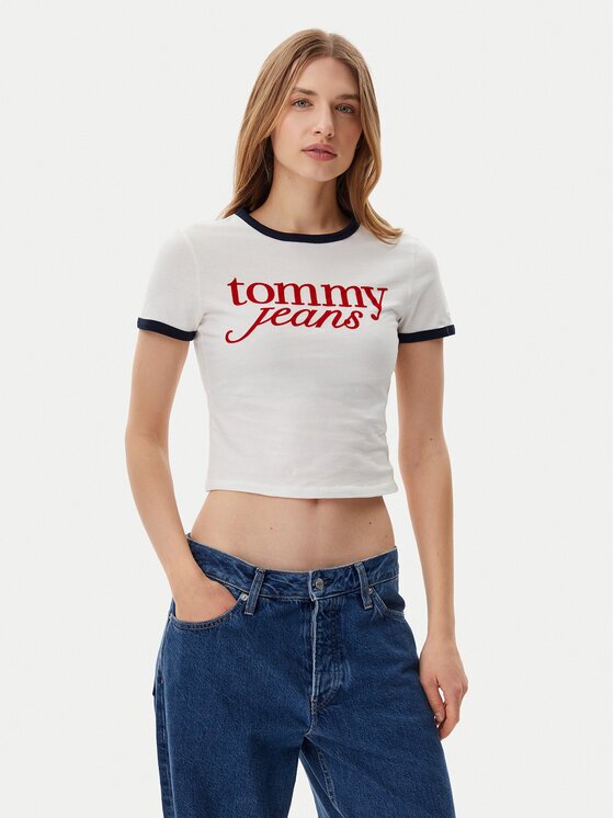 Tommy Jeans Tricou Script Ringer DW0DW20631 Écru Slim Fit