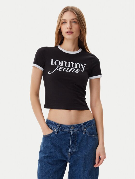 Tommy Jeans Tricou Script Ringer DW0DW20631 Slim Fit