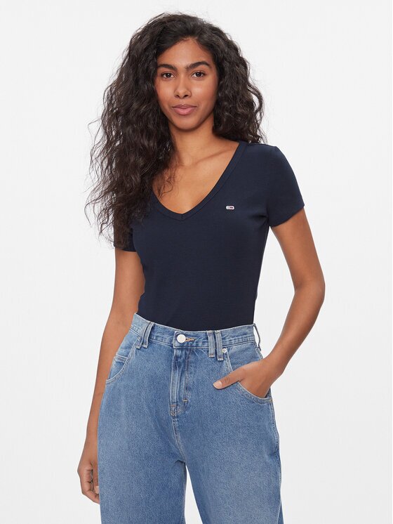 Tommy Jeans Tricou Tjw Slim Essential Rib V Ss DW0DW17385 Slim Fit