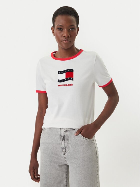 Tommy Jeans Tricou Wavy Flag Contrast Ringer DW0DW22306 Regular Fit