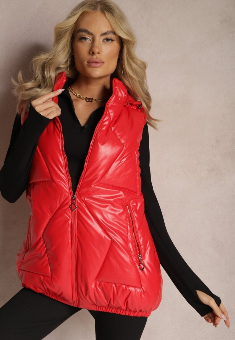 6&8 fashion Vestă Roșie cu Matlasare Geometrică și Glugă Lucide