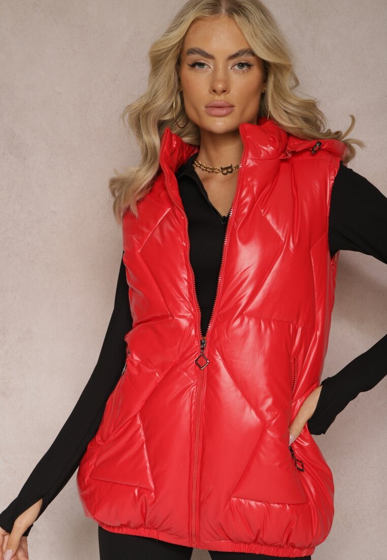 6&8 fashion Vestă Roșie cu Matlasare Geometrică și Glugă Lucide