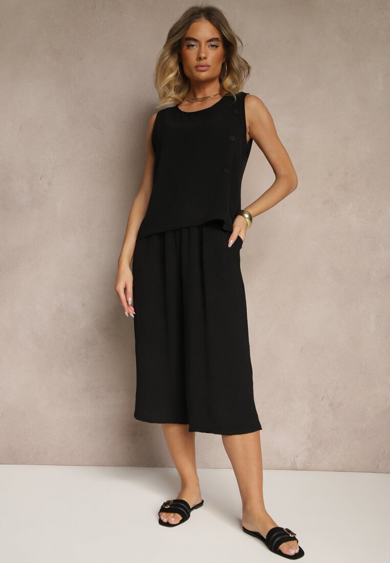 ab. ambitonfly Set Negru Pantaloni 3/4 Larghi și Bluză fără mâneci Decorată cu Nasturi Ravione