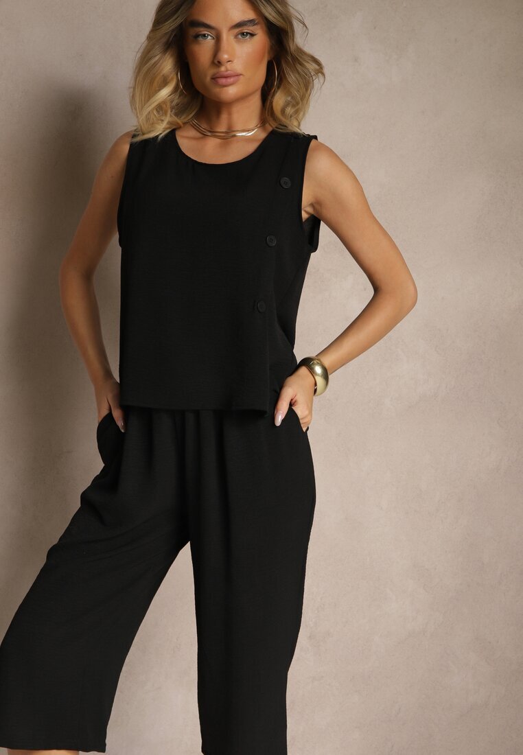 ab. ambitonfly Set Negru Pantaloni 3/4 Larghi și Bluză fără mâneci Decorată cu Nasturi Ravione
