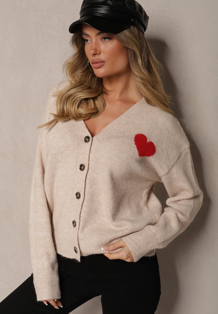 acajo Cardigan Bej Deschis Decorat cu Inimă Miathia