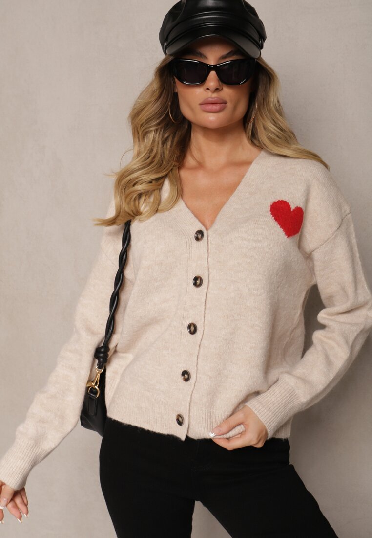 acajo Cardigan Bej Deschis Decorat cu Inimă Miathia