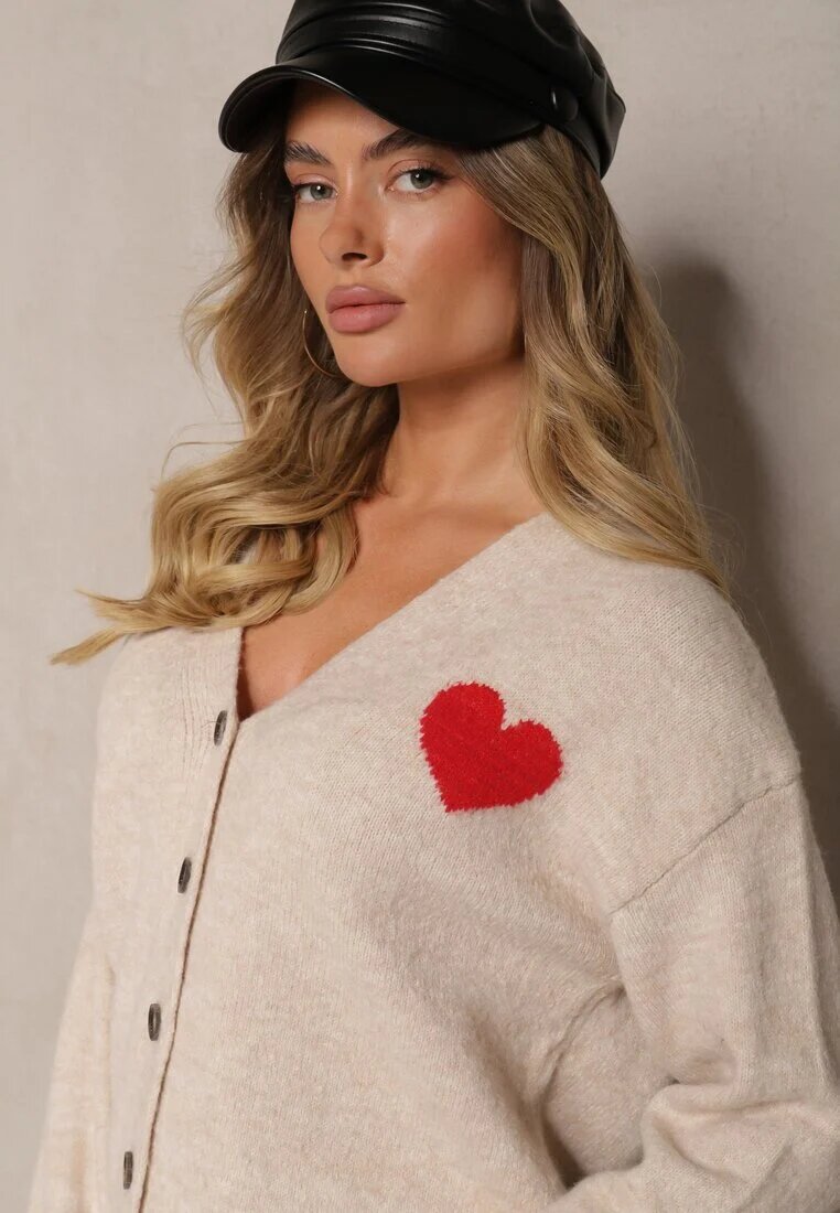acajo Cardigan Bej Deschis Decorat cu Inimă Miathia