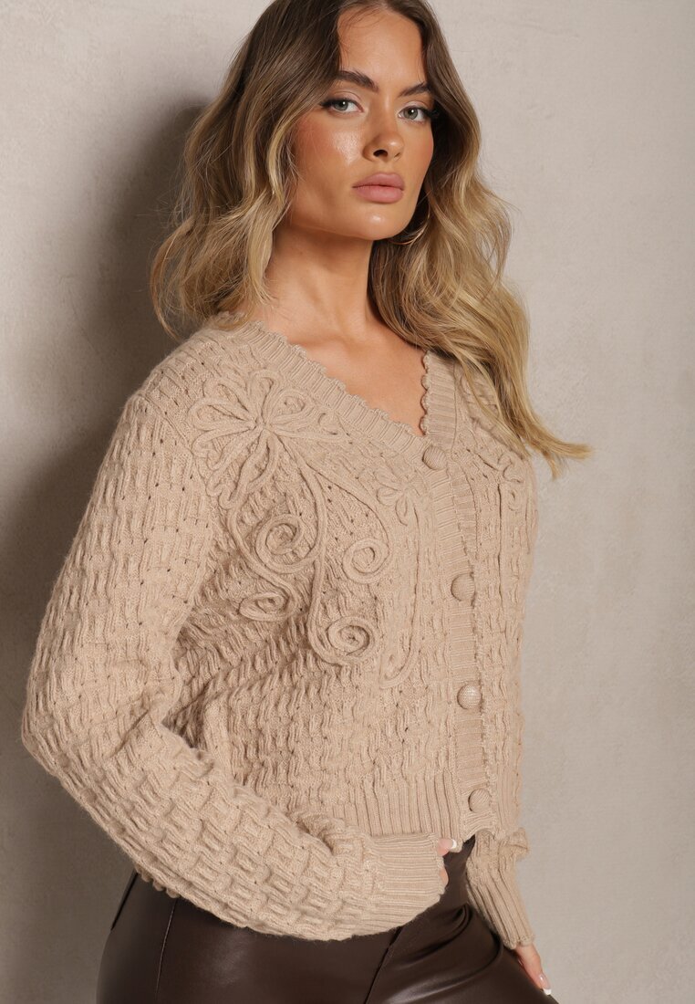 acajo Cardigan Bej Oversize cu Nasturi și Reliefuri Decorative Palabia