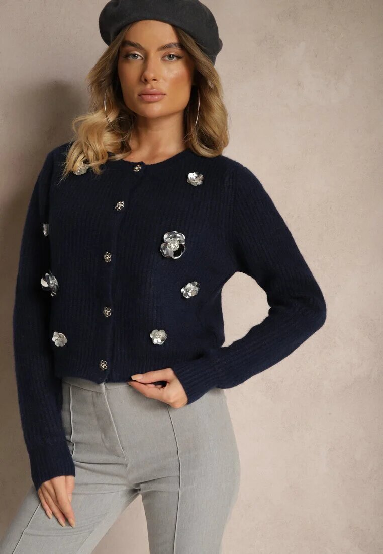 acajo Cardigan bleumarin cu adaos de lână cu nasturi cu flori 3D Zemisya