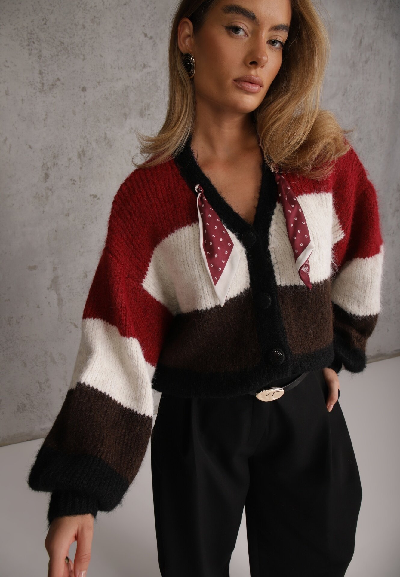 acajo Cardigan cu lână vâscoză și bumbac cu eșarfă decorativă la gât Rosalindda Roșu