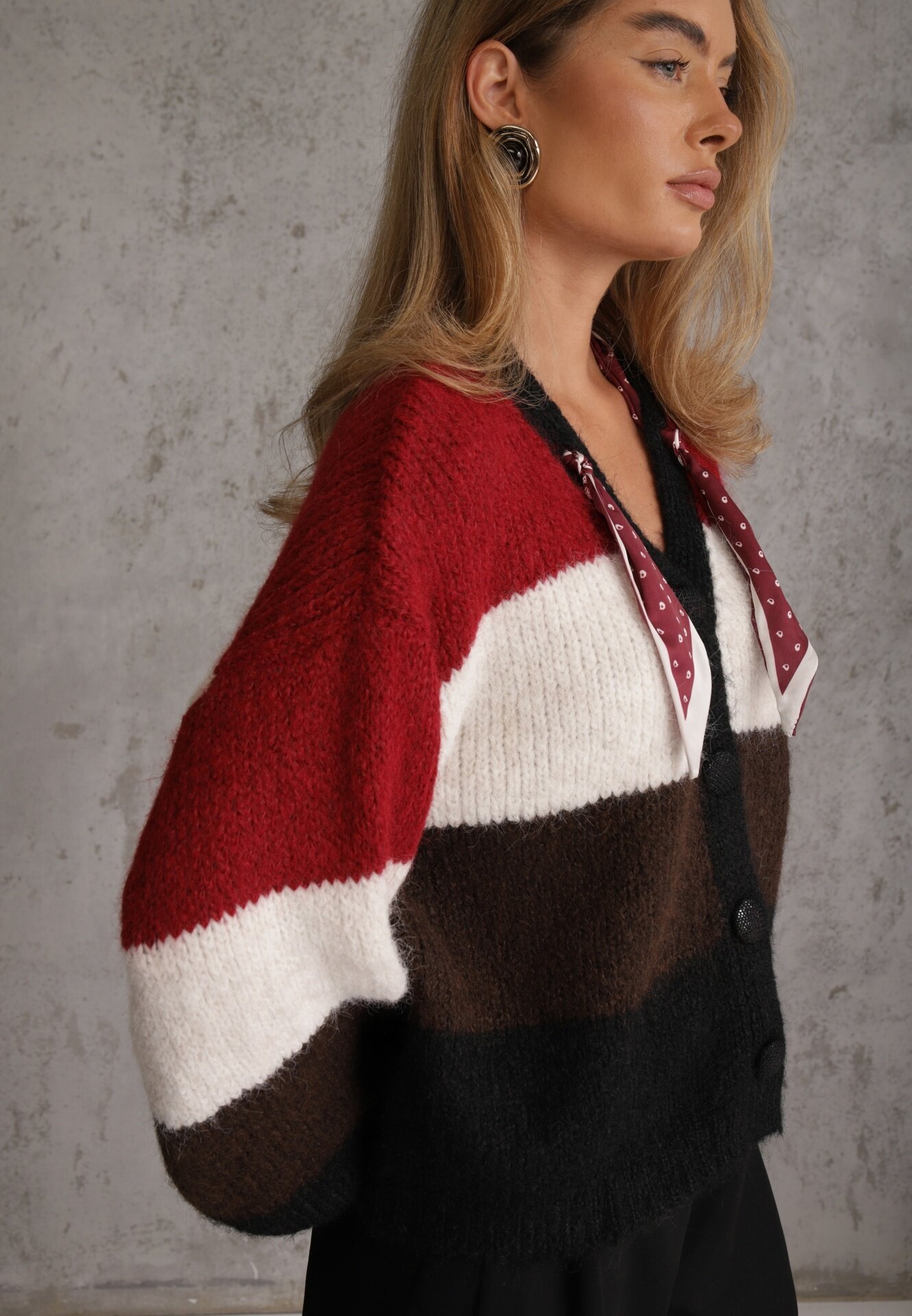 acajo Cardigan cu lână vâscoză și bumbac cu eșarfă decorativă la gât Rosalindda Roșu