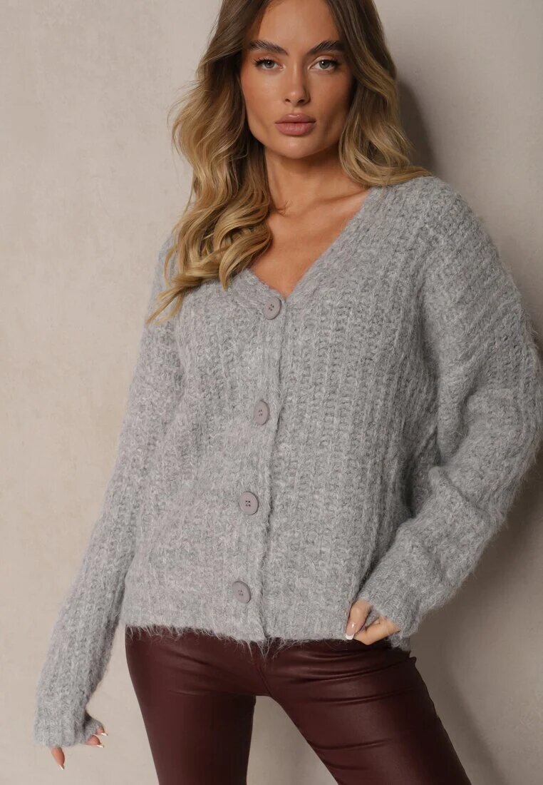 acajo Cardigan cu nasturi gri deschis cu lână și manșete striate Ciarella