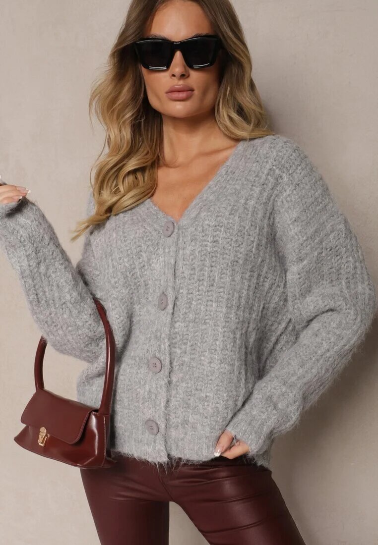 acajo Cardigan cu nasturi gri deschis cu lână și manșete striate Ciarella