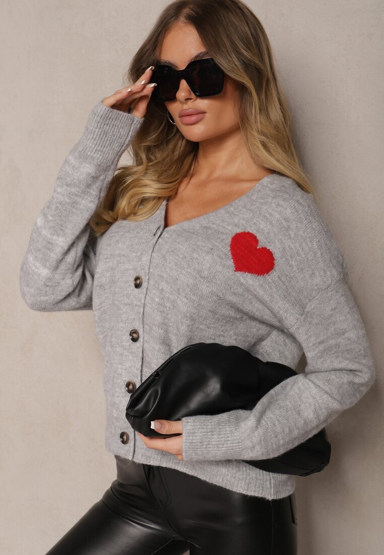 acajo Cardigan cu nasturi gri deschis decorat cu inimă Miathia