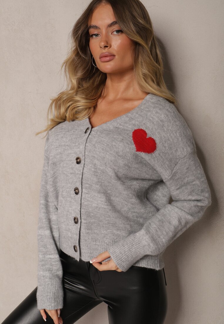 acajo Cardigan cu nasturi gri deschis decorat cu inimă Miathia