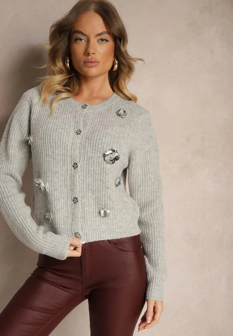 acajo Cardigan Gri cu adaos de lână cu nasturi cu flori 3D Zemisya