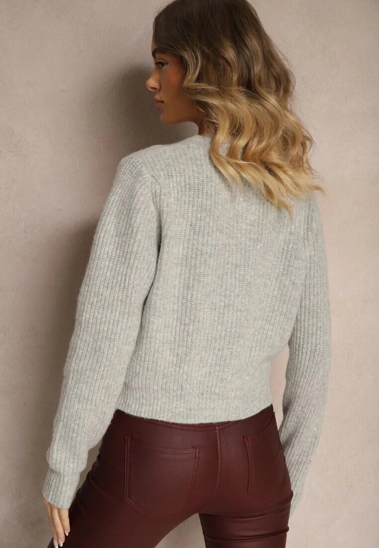 acajo Cardigan Gri cu adaos de lână cu nasturi cu flori 3D Zemisya