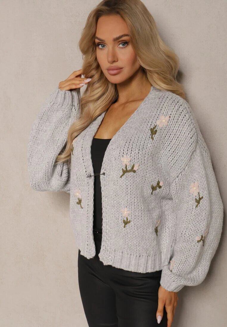 acajo Cardigan Gri cu Aplicații Florale cu Închidere cu Agrafa Elegantă Patista