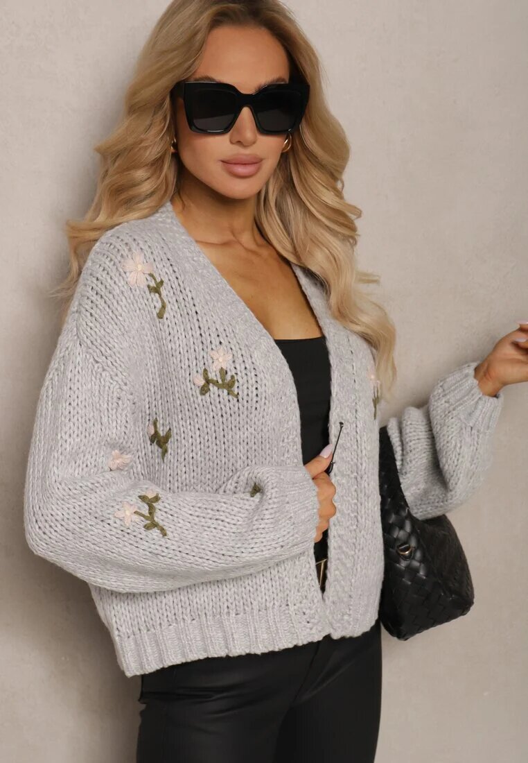 acajo Cardigan Gri cu Aplicații Florale cu Închidere cu Agrafa Elegantă Patista