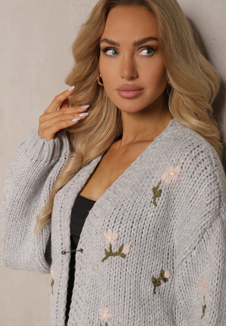 acajo Cardigan Gri cu Aplicații Florale cu Închidere cu Agrafa Elegantă Patista