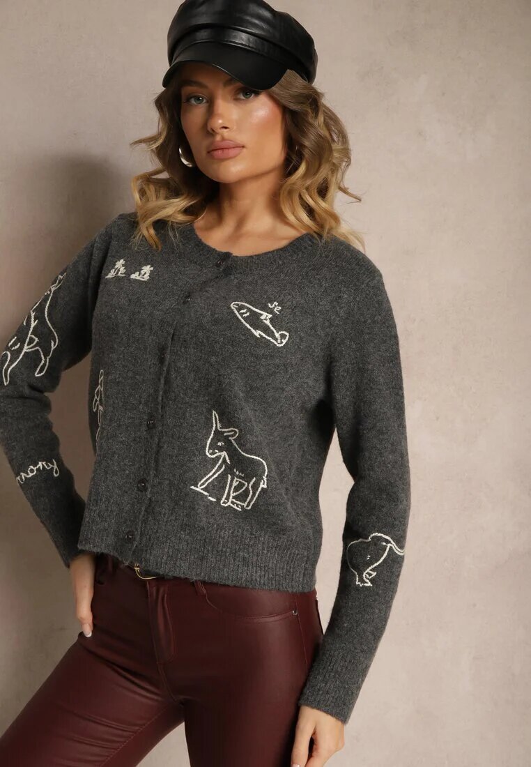 acajo Cardigan Gri din Lână cu nasturi cu Model Brodat Nelyra