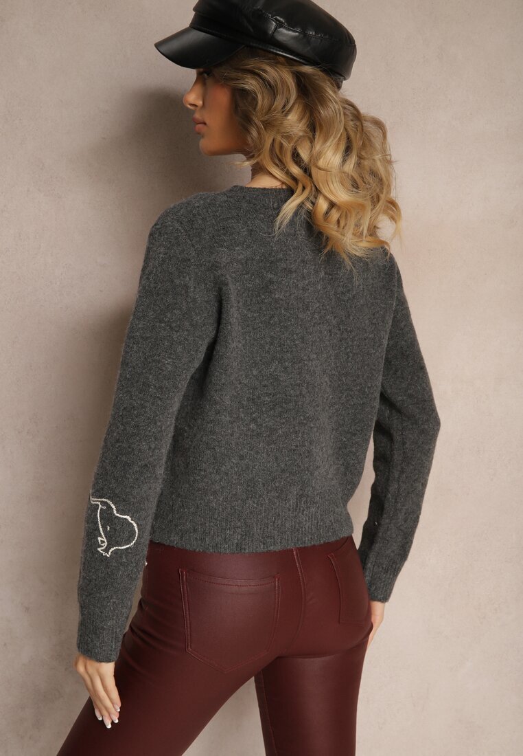 acajo Cardigan Gri din Lână cu nasturi cu Model Brodat Nelyra
