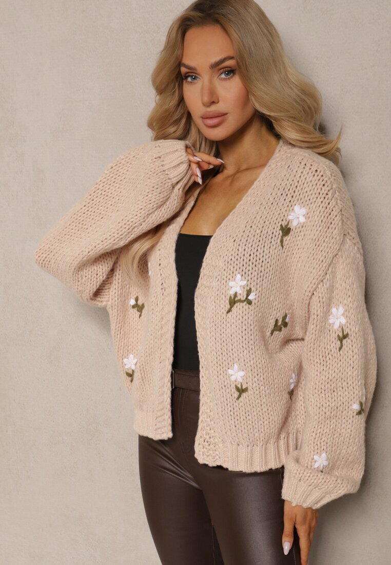 acajo Cardigan Maro cu Aplicații Florale cu Agrafa Elegantă Patista