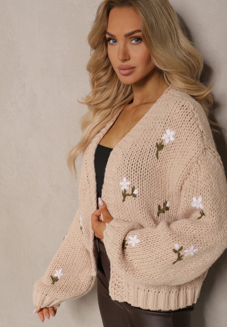 acajo Cardigan Maro cu Aplicații Florale cu Agrafa Elegantă Patista