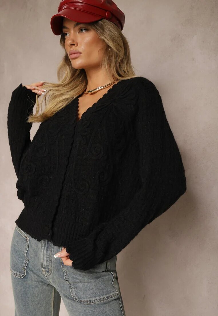 acajo Cardigan Negru Croi Oversize cu Nasturi și Imprimeuri Decorative Palabia
