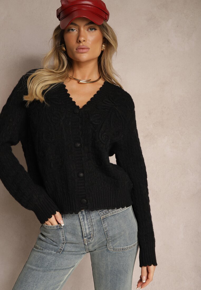 acajo Cardigan Negru Croi Oversize cu Nasturi și Imprimeuri Decorative Palabia
