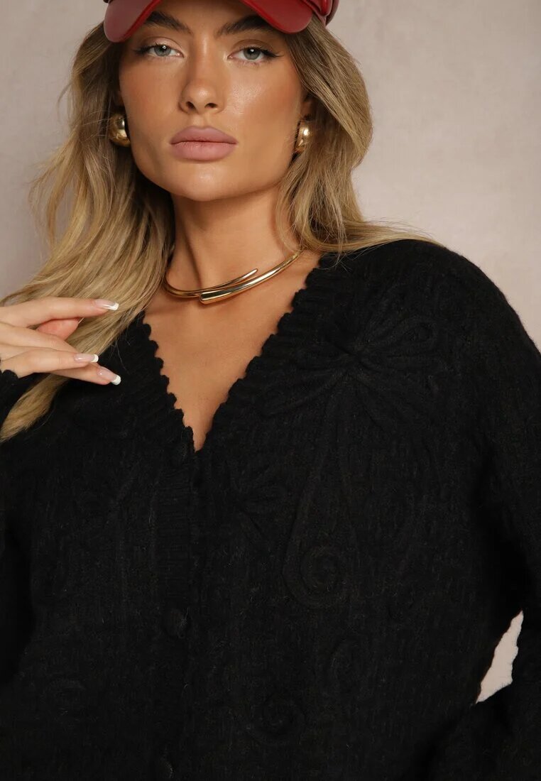 acajo Cardigan Negru Croi Oversize cu Nasturi și Imprimeuri Decorative Palabia