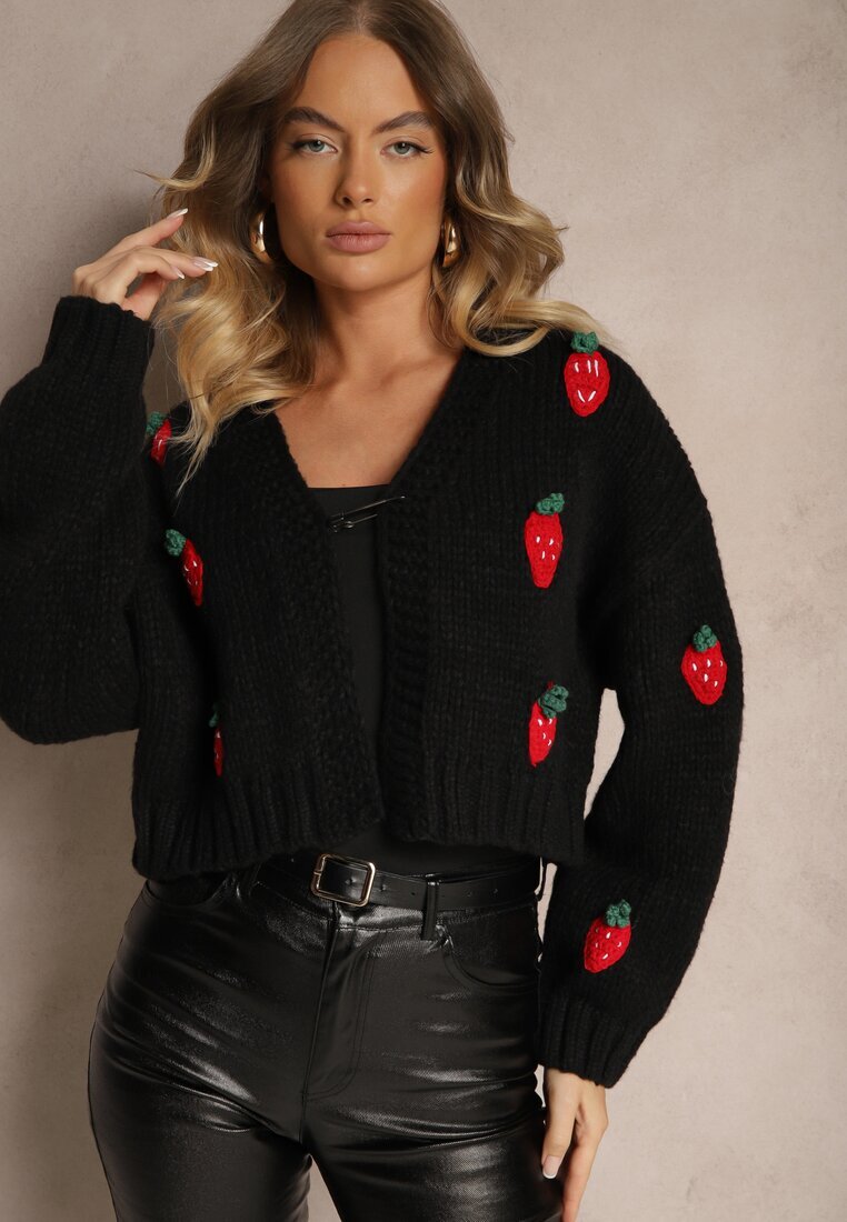 acajo Cardigan Scurt Negru Fără închidere Decorat cu Aplicații cu Căpșuni Invalina