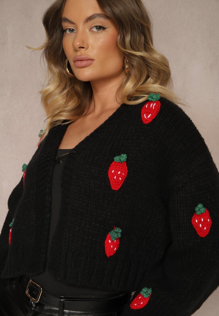 acajo Cardigan Scurt Negru Fără închidere Decorat cu Aplicații cu Căpșuni Invalina